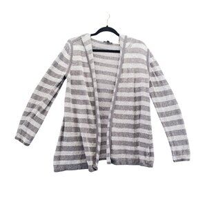Eileen Fisher Sweater Womens Medium Gray/White Striped Hooded Open Knit